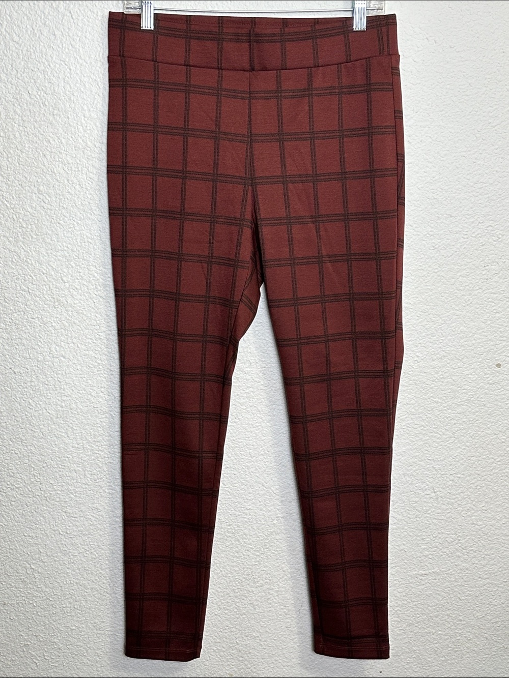 NEW Loft Pull On Ankle Pants Ponte‎ Leggings Womens Medium Burgundy Plaid